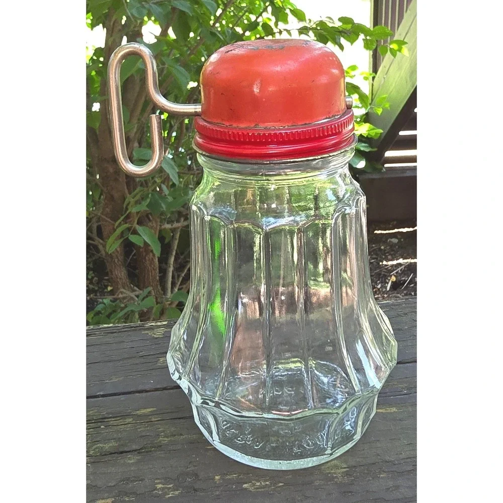 Vtg Hazel Atlas Glass Nut Chopper Grinder Red Lid Metal Hand Crank Jar 5049